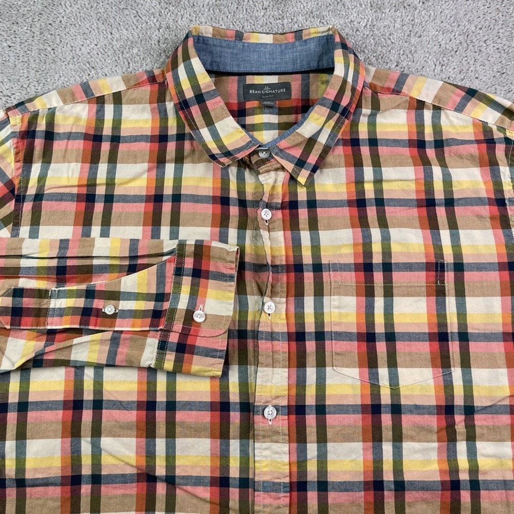 LL Bean‎ Shirt Mens XXL 2XL Orange Yellow Plaid Signature Slim Fit Button Up